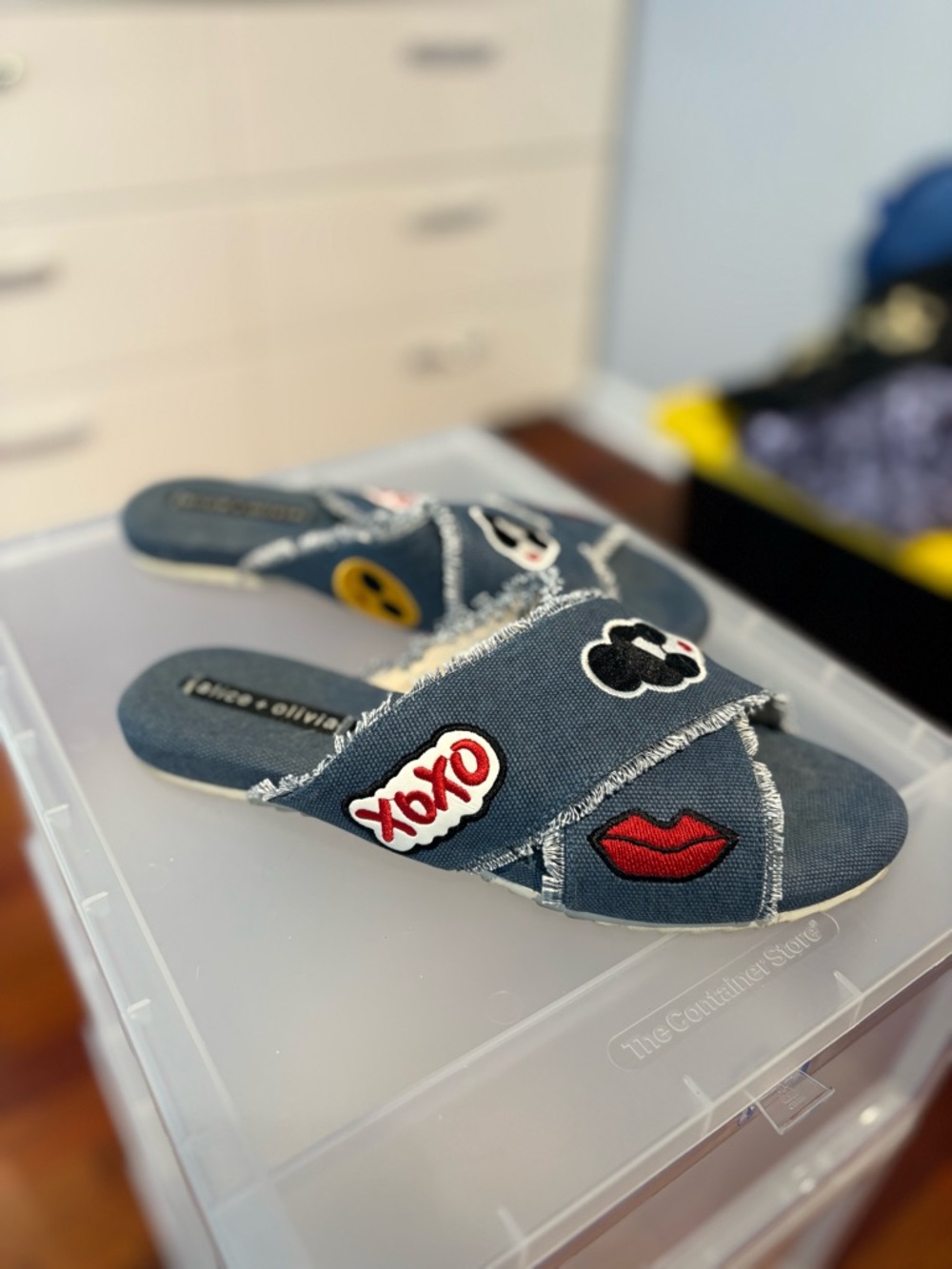 Alice + Oliva Denim Patch Slide Sandals